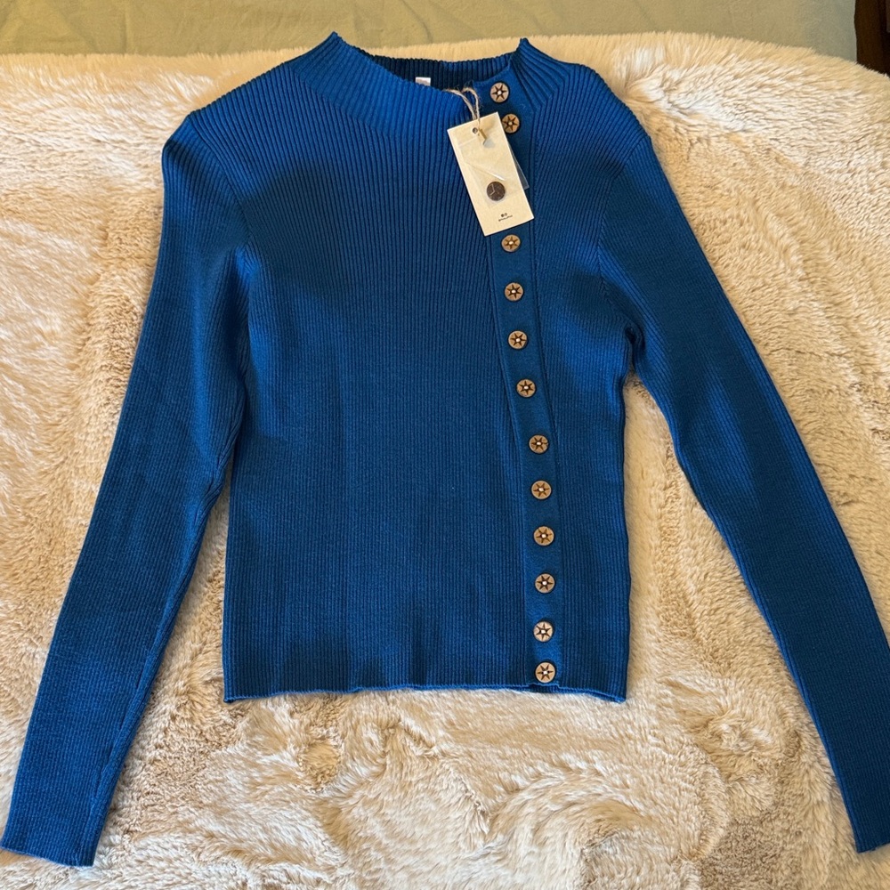 Royal Blue Ribbed Button-Accent Sweater